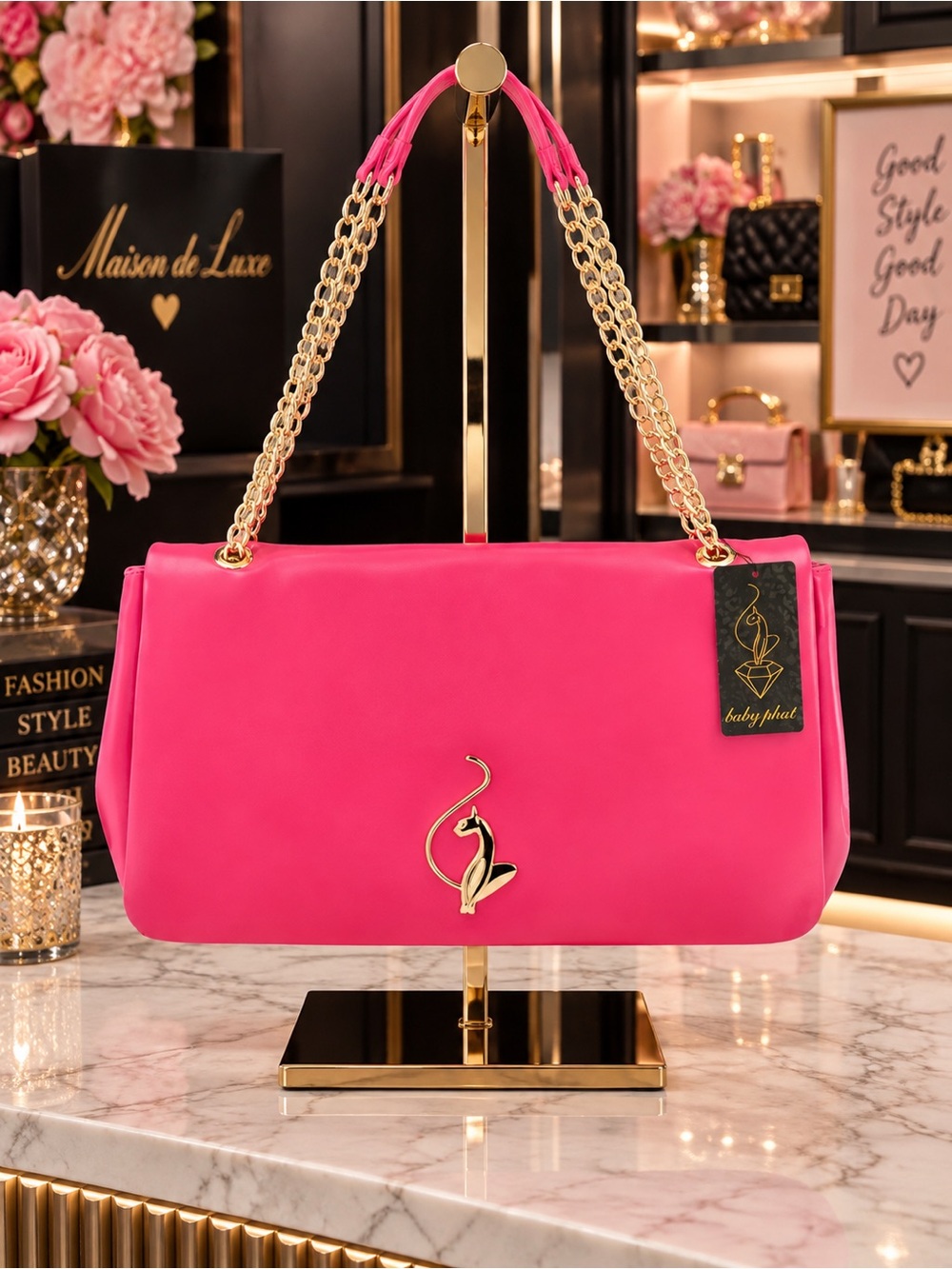 NWT Baby Phat Hot Pink Gold Chain Large Shoulder Bag Purse Cat Logo